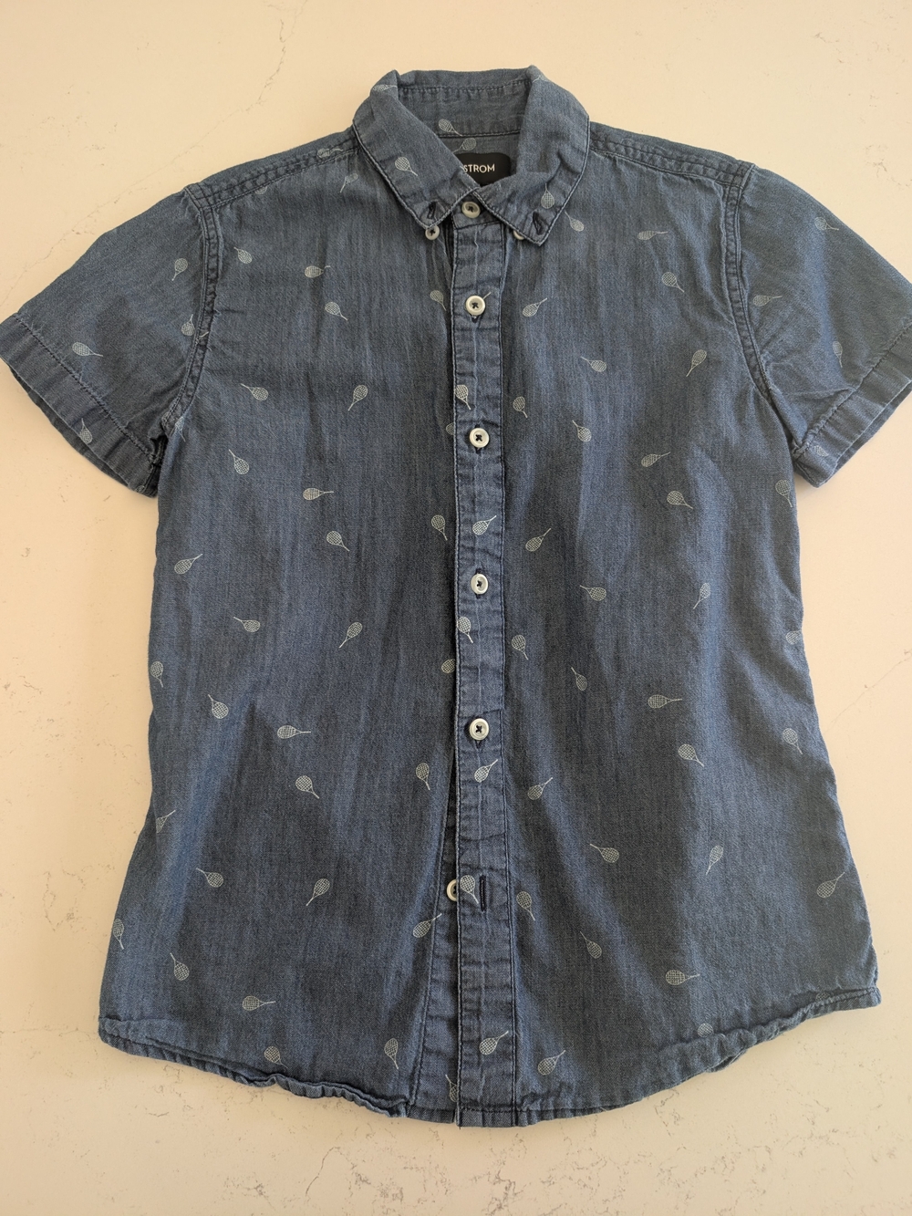 Nordstrom Blue Short-Sleeve Button-Down Denim Shirt with Subtle Tennis Print